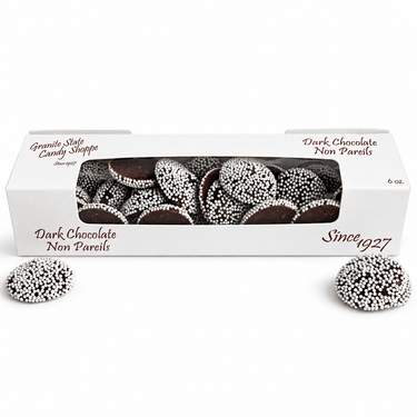 6 oz. Dark Chocolate Non-Pareils on a white background